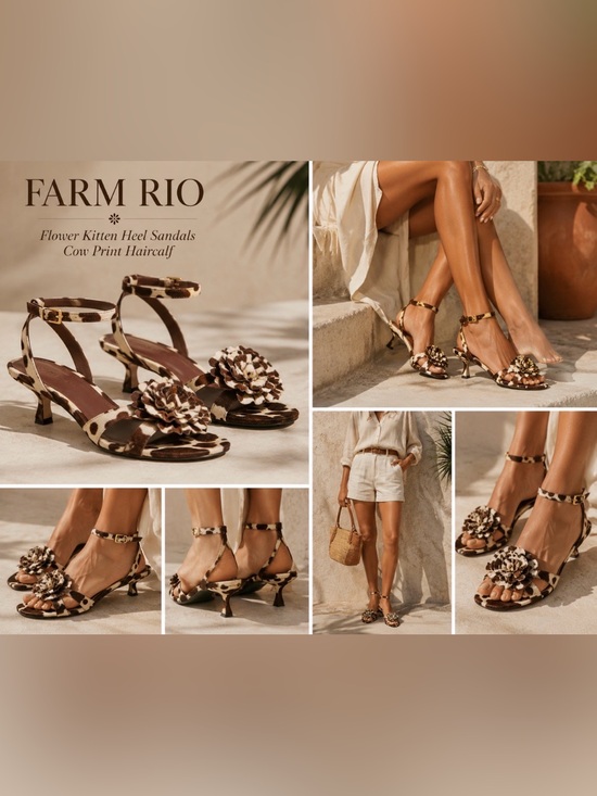 FARM Rio Shoes - FARM Rio Women’s Flower Kitten Heel Sandals, Cow Print Haircalf Upper, NIB, 8
